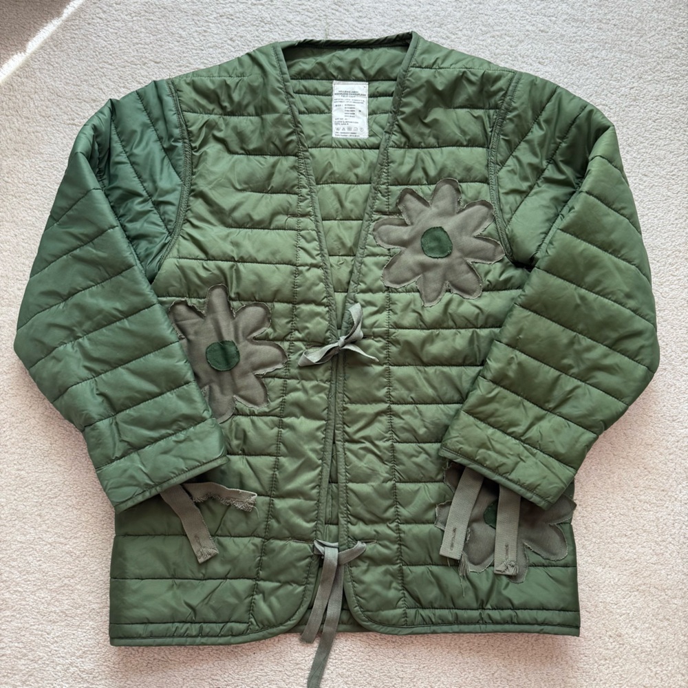 Green Quilted Jacket with Flower Design
